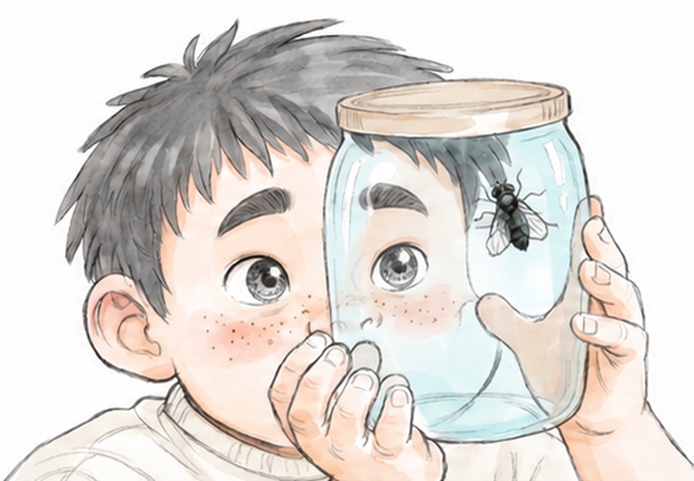 유리병 속 파리를 바라보는 데쓰조의 연필선 채색 그림