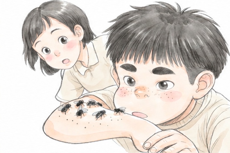 팔 위의 파리를 관찰하는 데쓰조와 곁에서 바라보는 고다니 선생님의 연필선 채색 그림