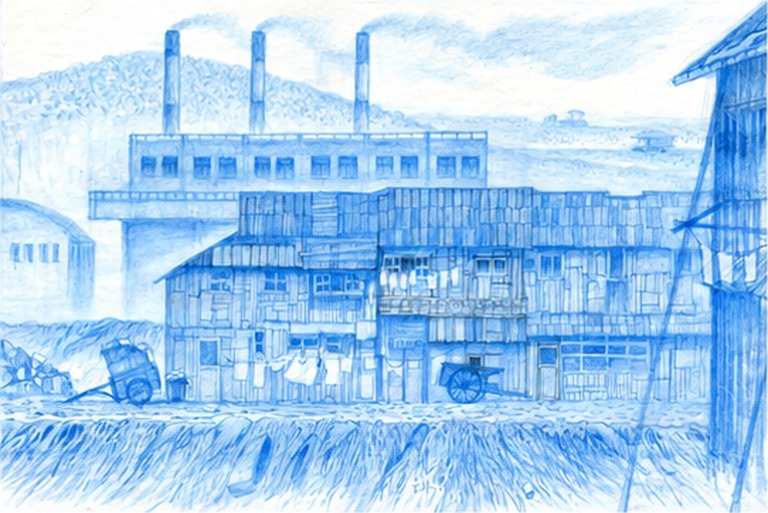 쓰레기 처리장 주변 아이들의 집을 그린 푸른색 배경 디자인
